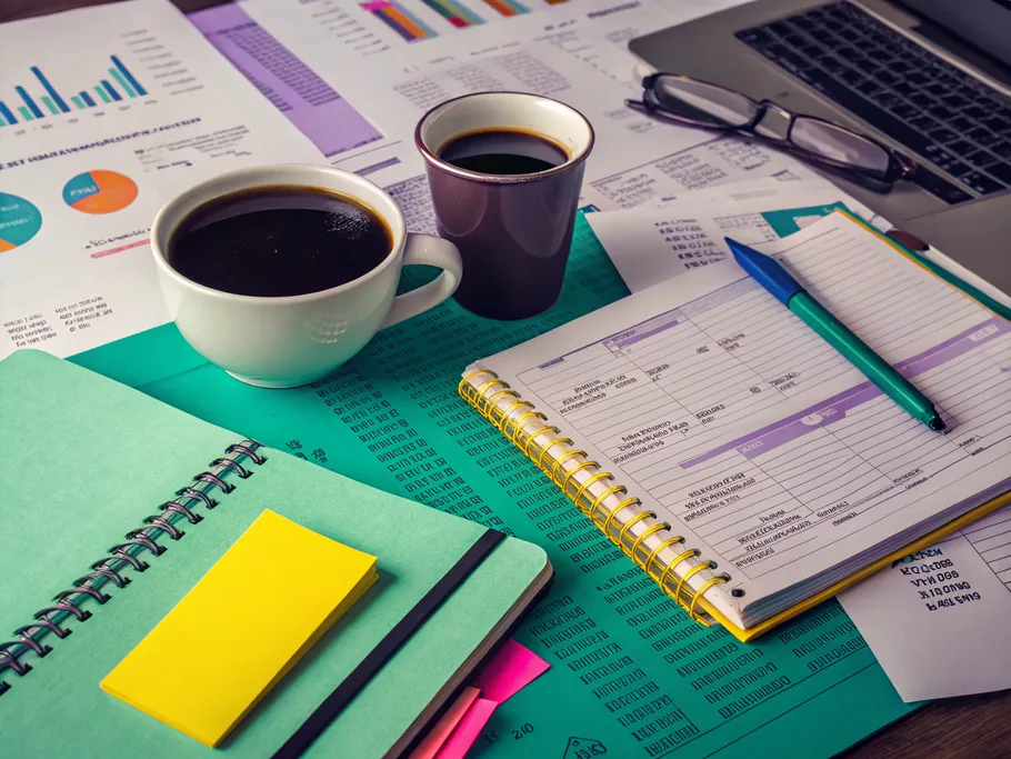 An organized accounting workspace with documents, graphs, two coffee cups, and a laptop, symbolizing a thorough financial analysis.
