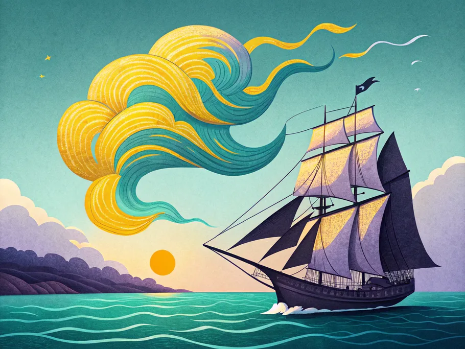 Stylized ship sailing on calm seas under a golden swirl of wind, symbolizing dynamic business and financial movement.