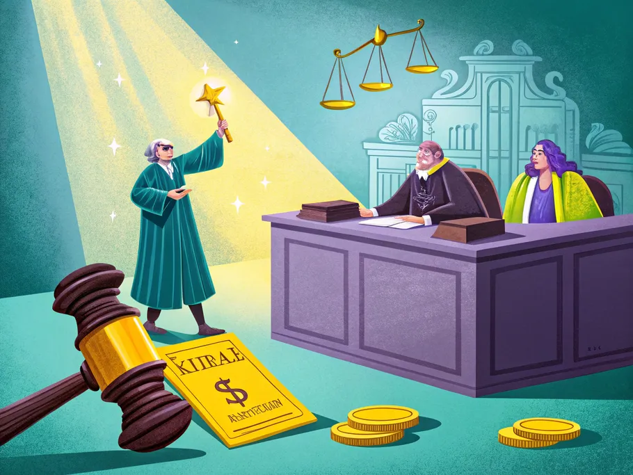 Illustration of an accounting court scene with a judge, a clerk holding a star-shaped balance, and legal elements like a gavel and a law book labeled 'Revenue'