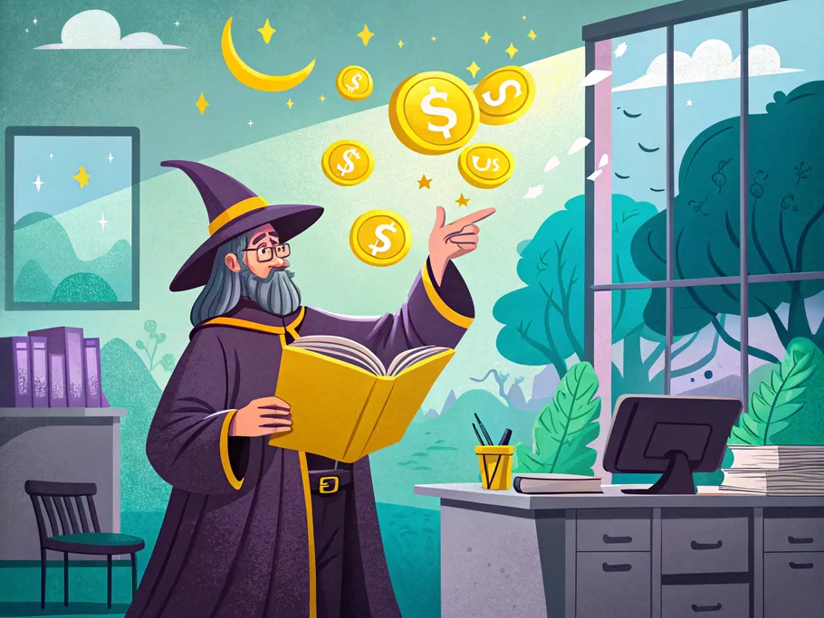 Illustration of a wizard conjuring coins from a book, symbolizing the magical clarity of understanding debits and credits in double-entry bookkeeping.