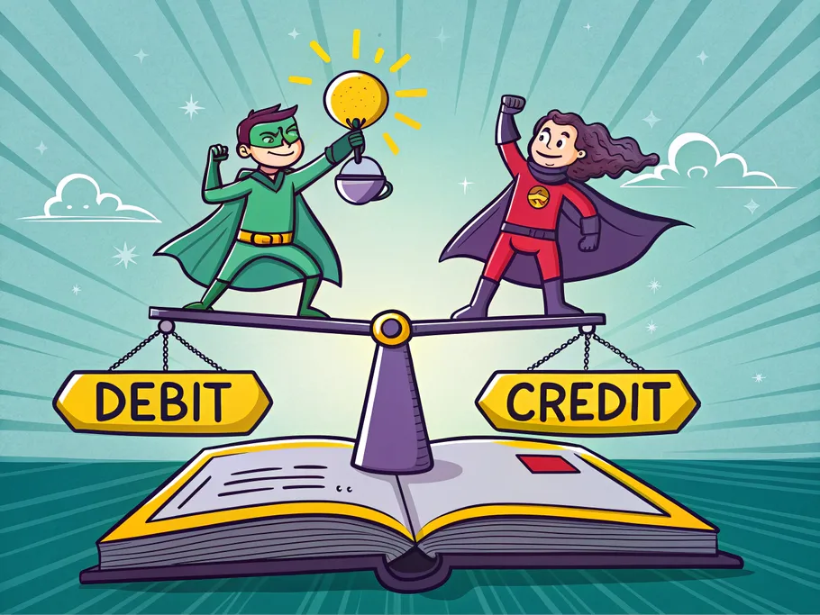 Animated characters representing Debit and Credit balancing on a scale over an open accounting book in a whimsical setting