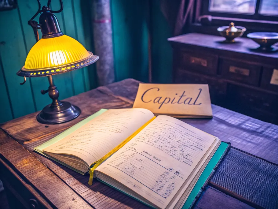 Vintage accounting ledger open under a lamp, titled 'Capital', symbolizing key accounting concepts