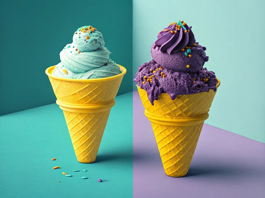 Two ice cream cones side by side: one with plain vanilla representing common stock and the other colorful gelato representing preferred stock.