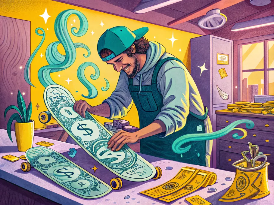A craftsman designing a skateboard with dollar bill designs, symbolizing sales discounts in accounting