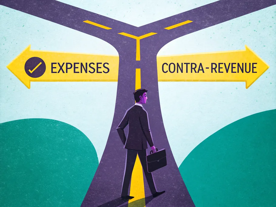 Illustration of a businessman at a crossroad, with signs pointing to 'Expenses' and 'Contra-Revenue'
