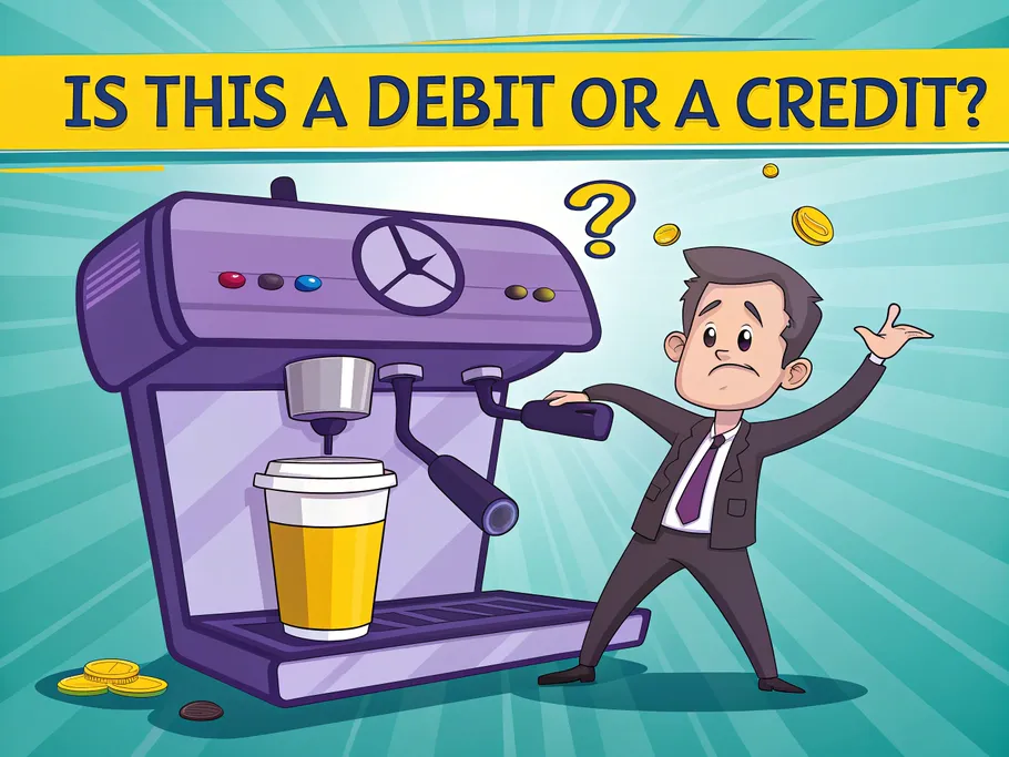 Confused businessman with an espresso machine asking 'Is this a debit or a credit?' with coins floating around