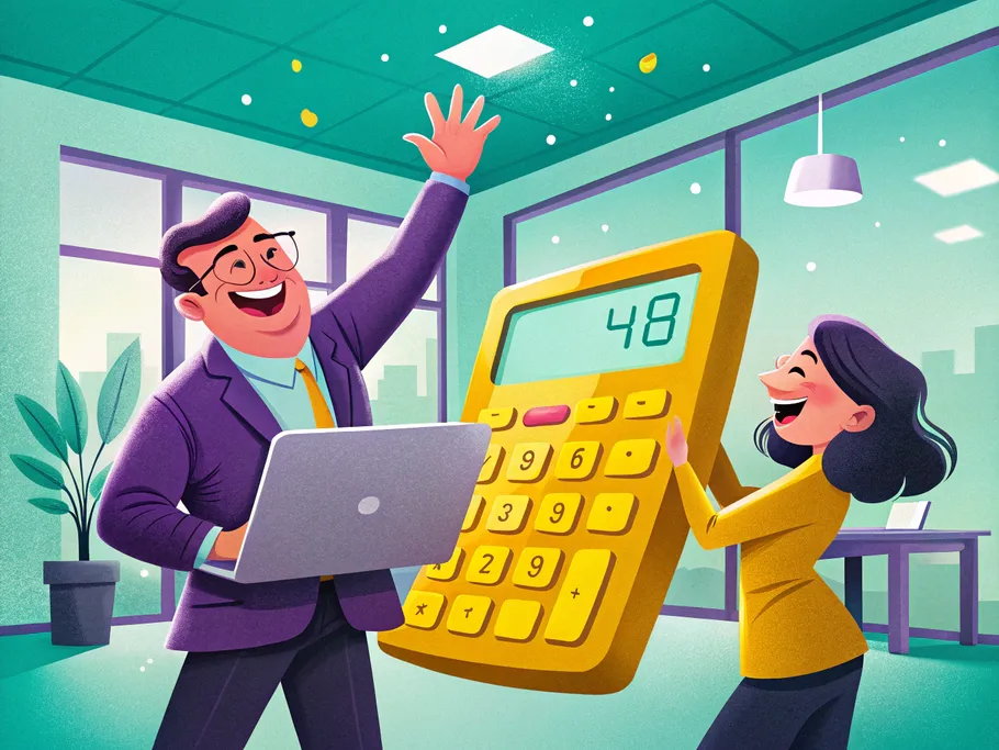 Two animated characters celebrating with a large calculator, illustrating accounting success