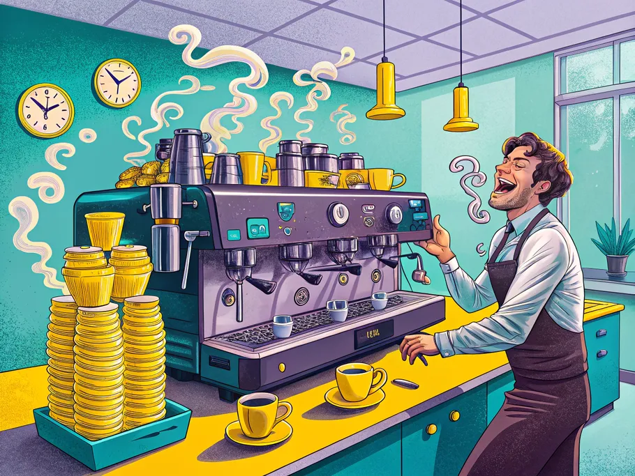 An employee joyfully operating an oversized espresso machine in a modern office break room.