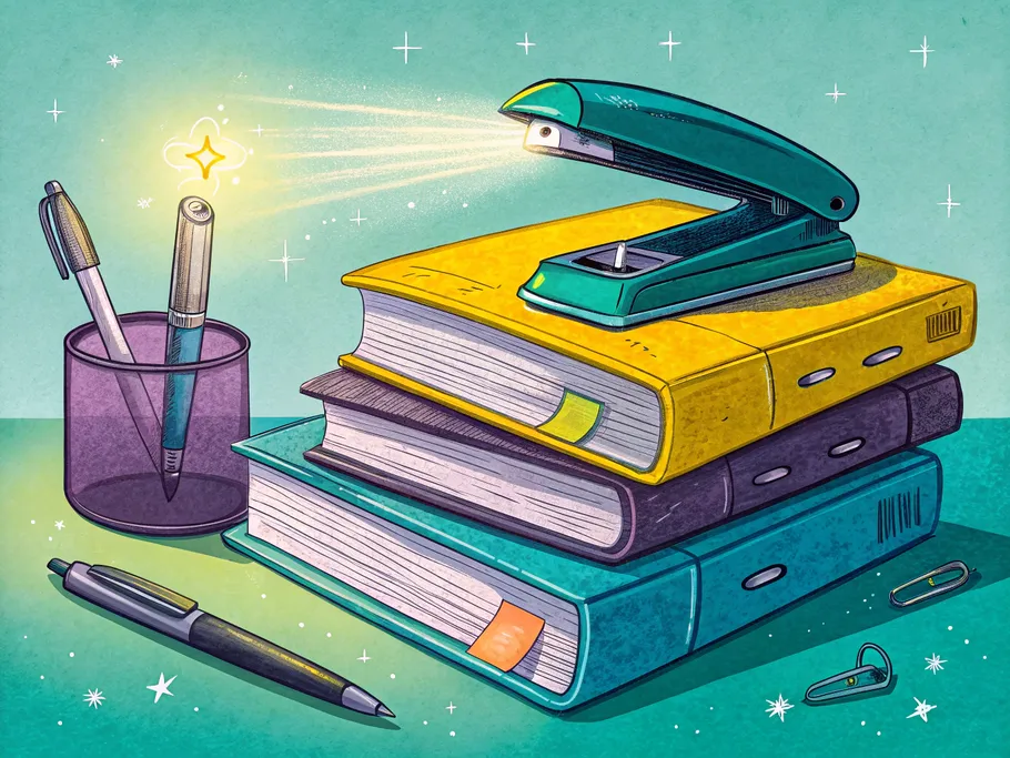 A whimsical stack of colorful office supplies with a glowing pen levitating above.