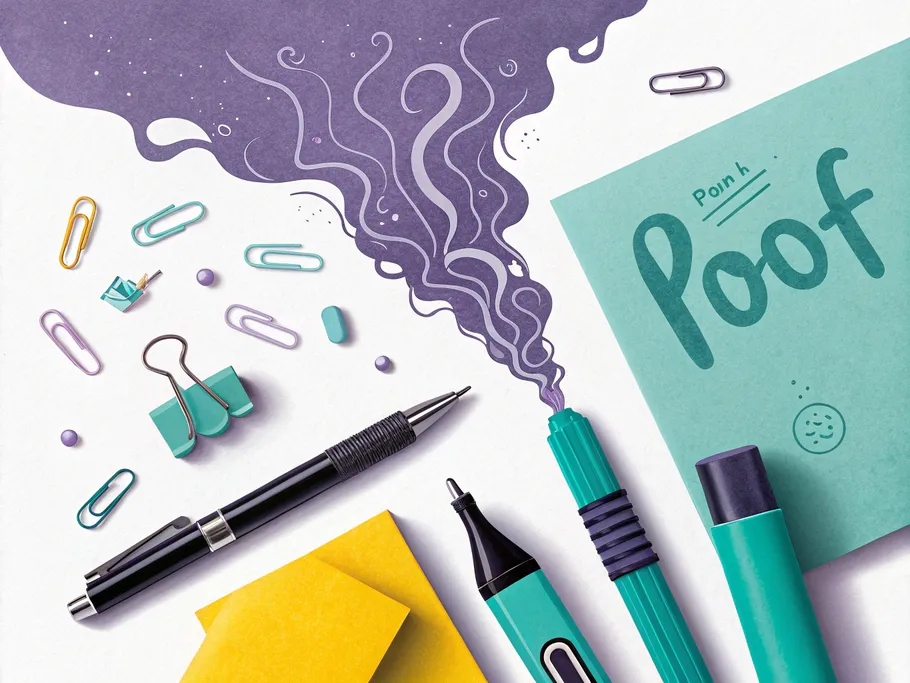 Illustrative image of office supplies like pens and paperclips transforming into smoke, symbolizing the transient nature of supplies expenses in accounting.