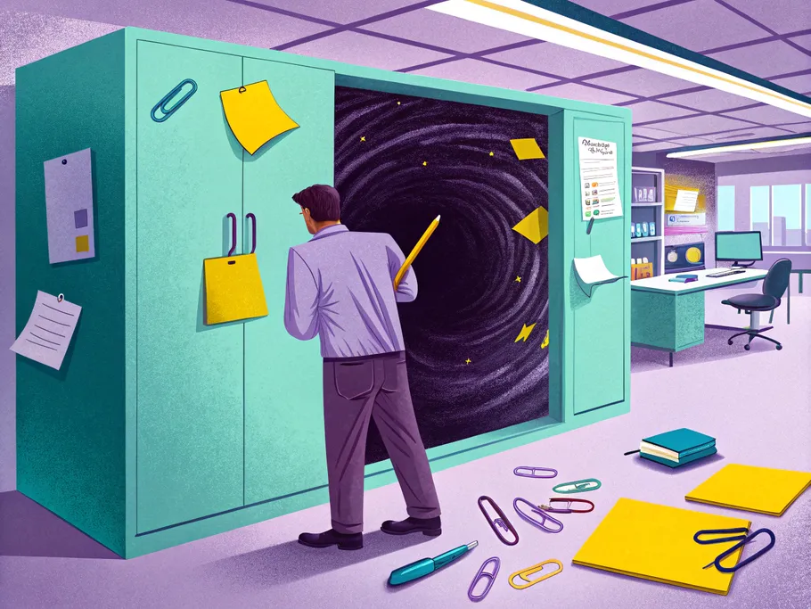 An office worker stands confused in front of a supply closet that has transformed into a swirling black hole, with supplies being sucked in.