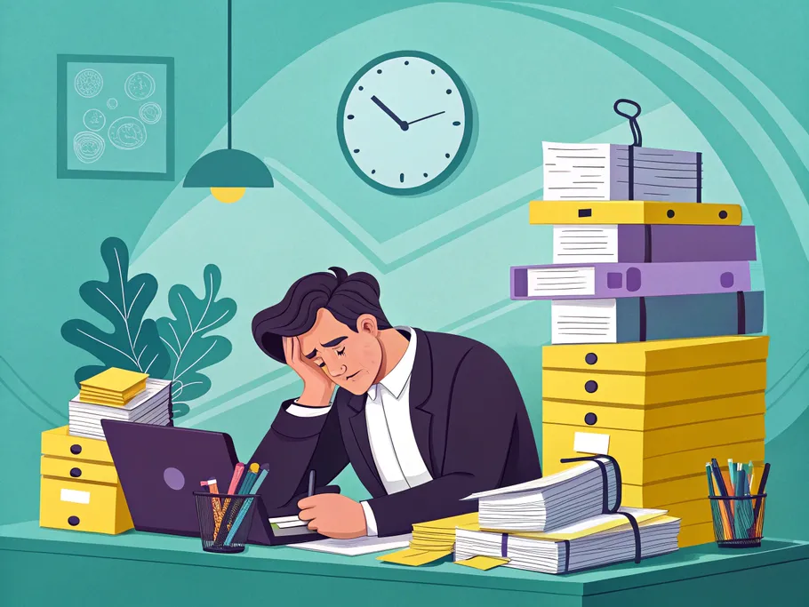 An accountant sitting at a desk burdened by an overwhelming amount of office supplies, symbolizing the challenges in managing accounting supplies.