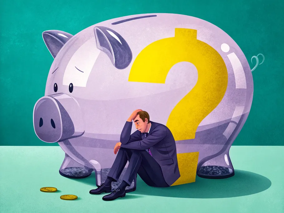 A businessman sitting inside a giant transparent piggy bank with a question mark, symbolizing financial uncertainty related to rent expense.