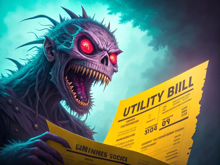 A surreal depiction of a monstrous creature reading a utility bill, symbolizing the fear of unpaid bills.