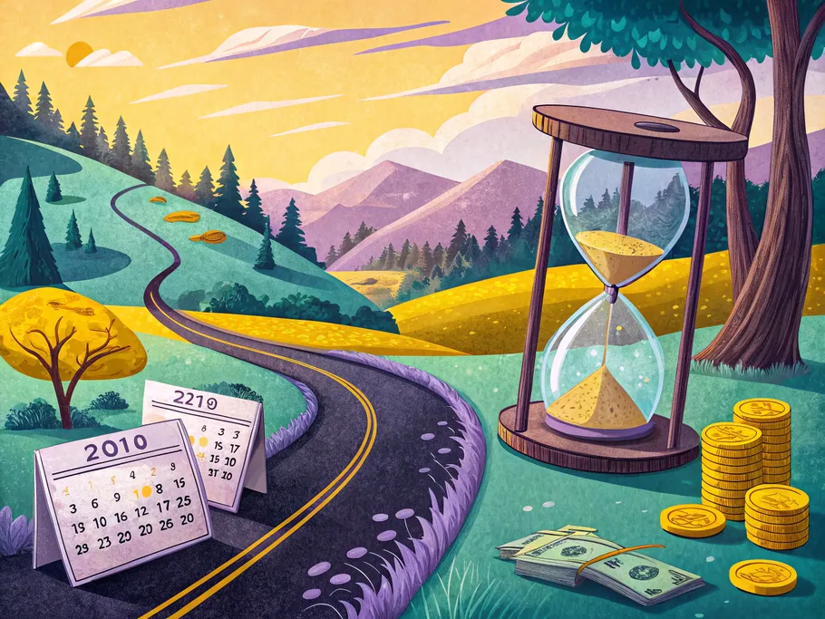A forked road in a scenic landscape with hourglasses and calendar pages on one side and coins and cash on the other, symbolizing accrual versus cash basis accounting.
