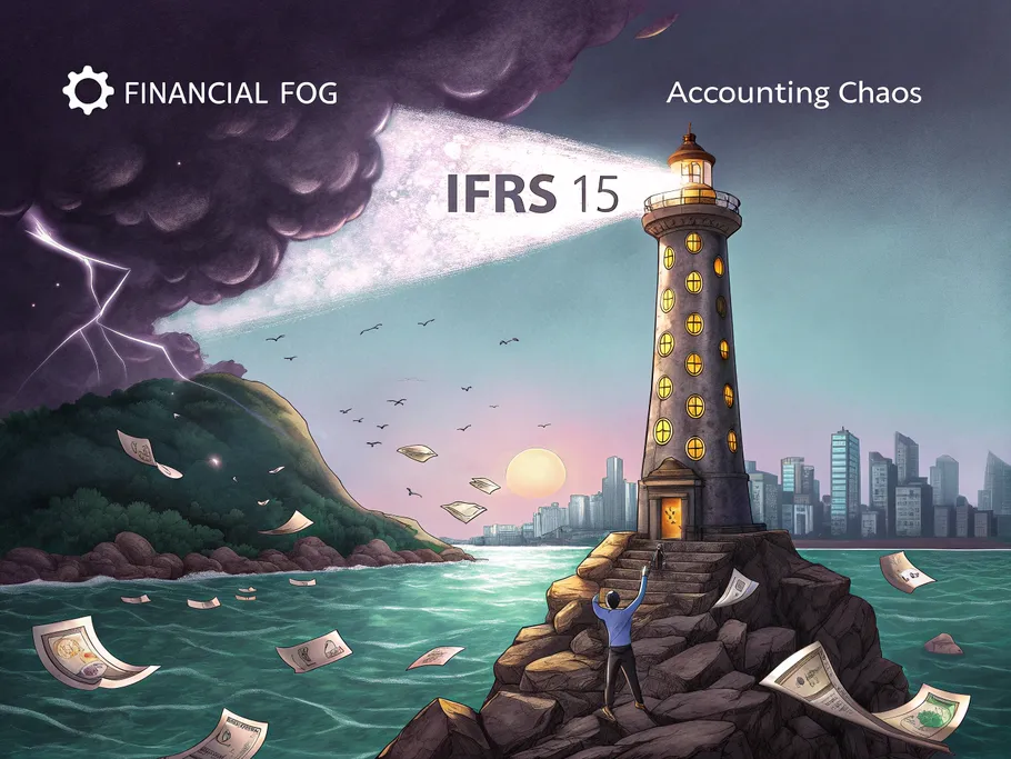 A lighthouse made of glowing numbers and financial symbols representing IFRS 15, illuminating a path through financial chaos.