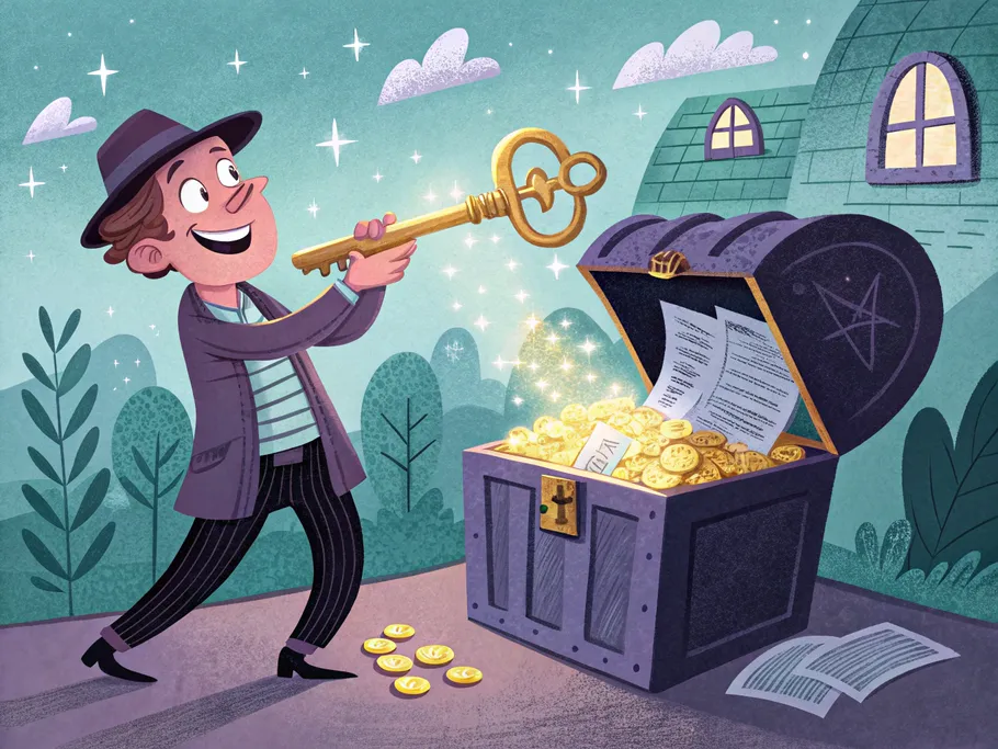 Cheerful landlord using a key to open a treasure chest filled with gold coins and documents, symbolizing tax savings through bonus depreciation.