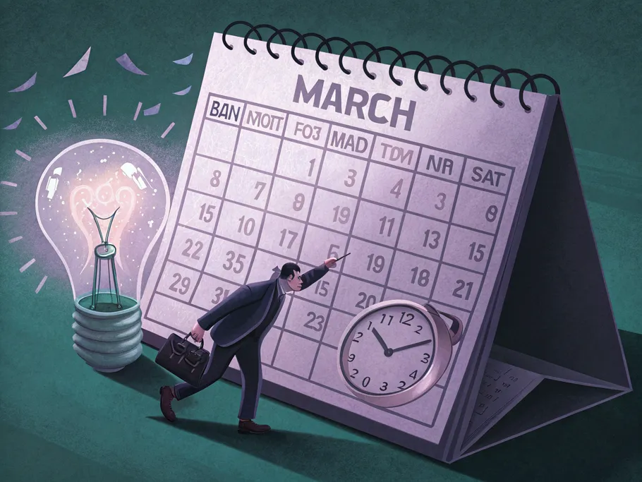 A vintage-style desk calendar open to March, illustrating accrued expenses with ghostly images of a light bulb and clock.