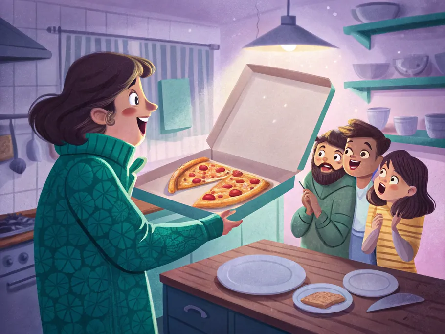 A playful illustration of a person holding an empty pizza box with friends watching in surprise.