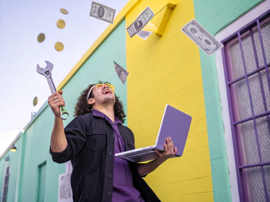 A small business owner juggling tools while cash and coins float towards an equity scale.