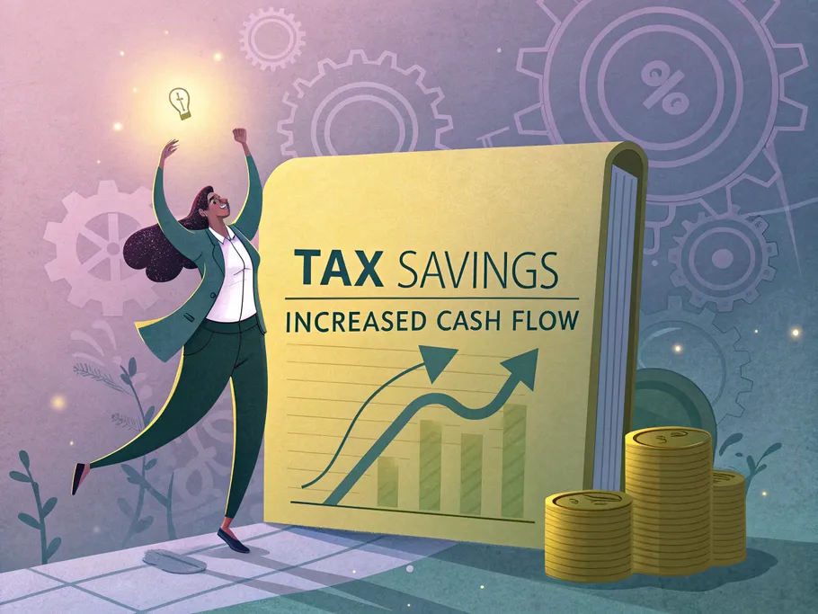 A confident small business owner beside a large ledger displaying 'Tax Savings' and 'Increased Cash Flow', with gears and financial elements in the background.