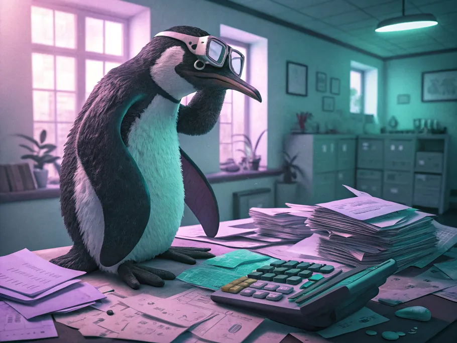 A cartoon penguin in an accountant's visor, confused among disorganized financial papers in a minimalist office.