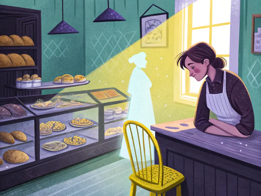 A hopeful baker in a cozy bakery looks at an empty chair, symbolizing ghosting amidst crumpled invoices.