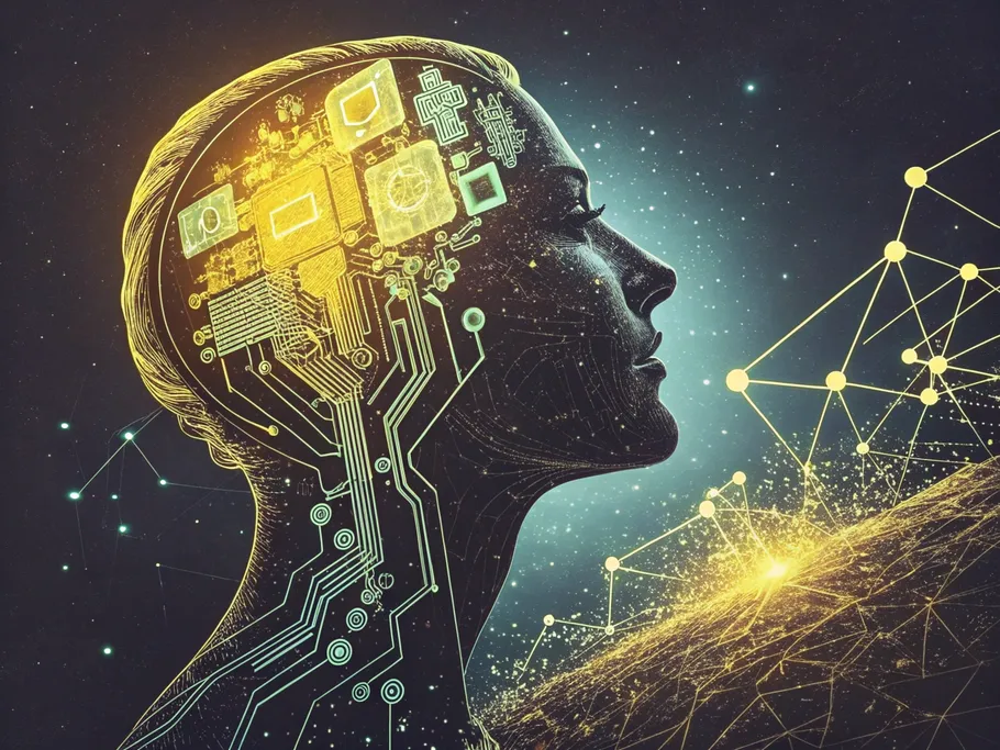 Stylized human head silhouette with glowing neural pathways and blockchain blocks extending into a digital landscape.