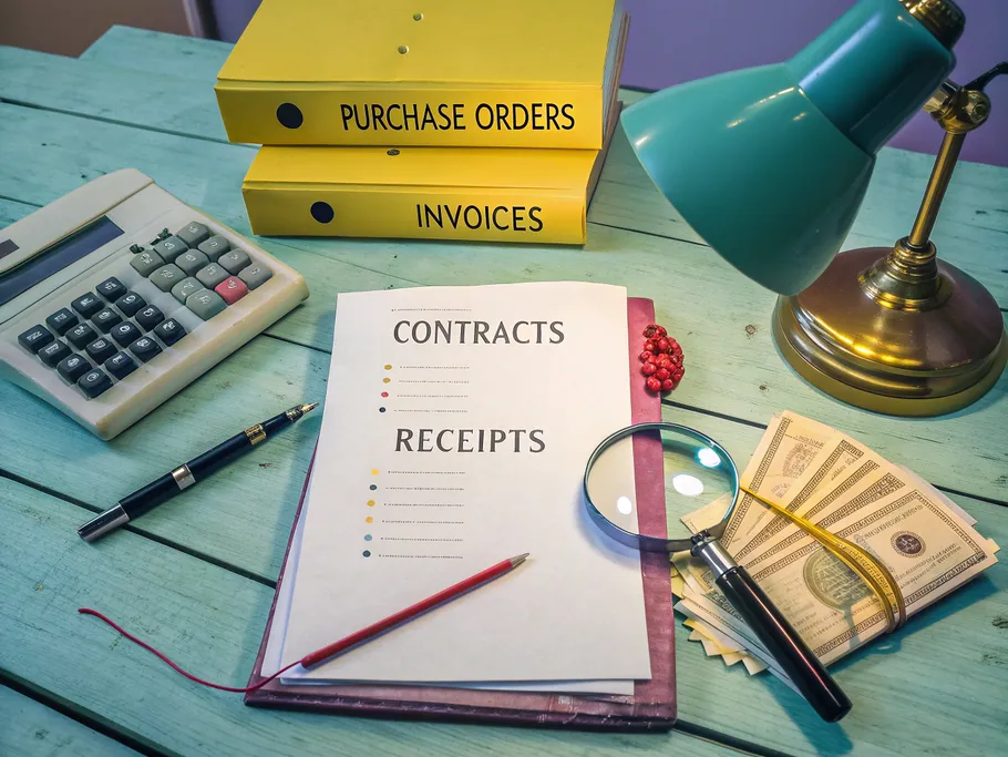 A meticulously organized detective's desk with documents about Purchase Orders, Invoices, Contracts, and Receipts, symbolizing accounts payable processes.
