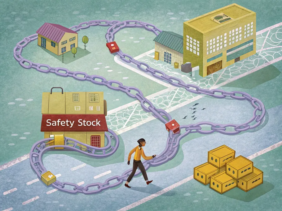Illustration of a broken supply chain with a determined figure navigating through it, symbolizing resilience and alternative paths in logistics.