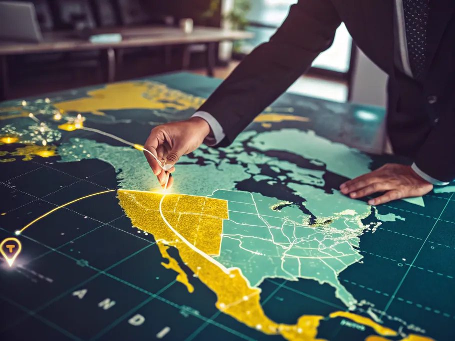 A business leader's hand hovering over a holographic 3D map showcasing a corporate landscape with a highlighted optimized route.