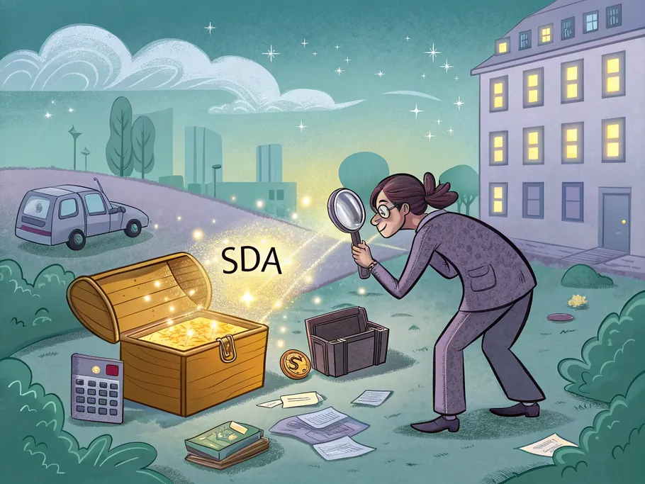 A business owner with a magnifying glass discovers a glowing golden chest labeled 'SDA' amid office equipment, symbolizing special depreciation allowance and tax benefits.