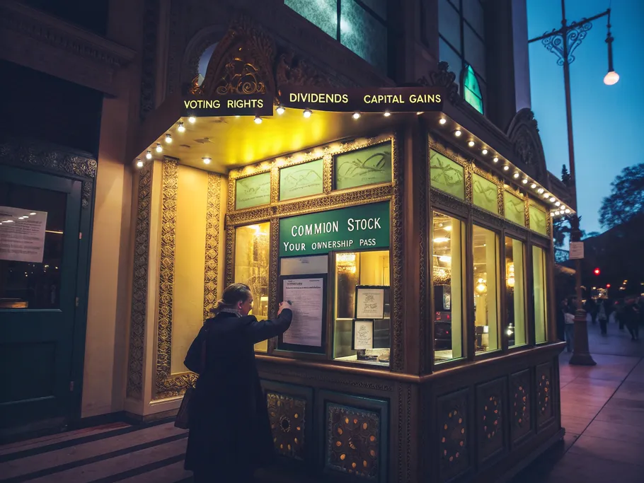 An elegant vintage ticket booth illuminated at twilight, with a ticket seller offering a certificate reading 'COMMON STOCK - YOUR OWNERSHIP PASS'.