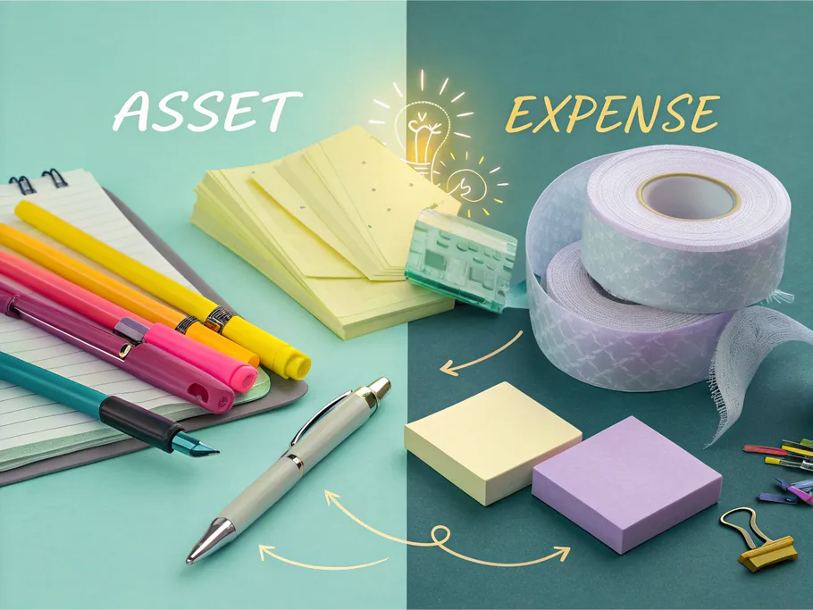 A conceptual divide illustrating office supplies categorized as assets and expenses.