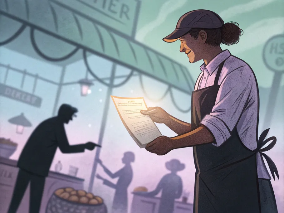 A confident small business owner, depicted as a baker, holding a glowing promissory note with informal elements blurred in the background.