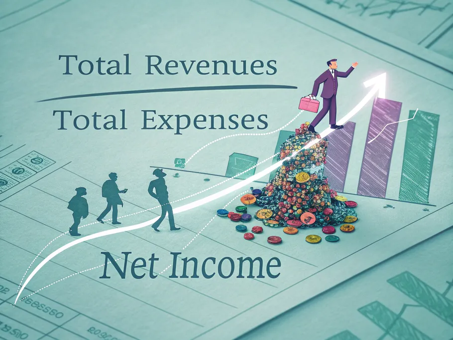 Stylized financial graph representing net income emerging from total revenues and expenses.