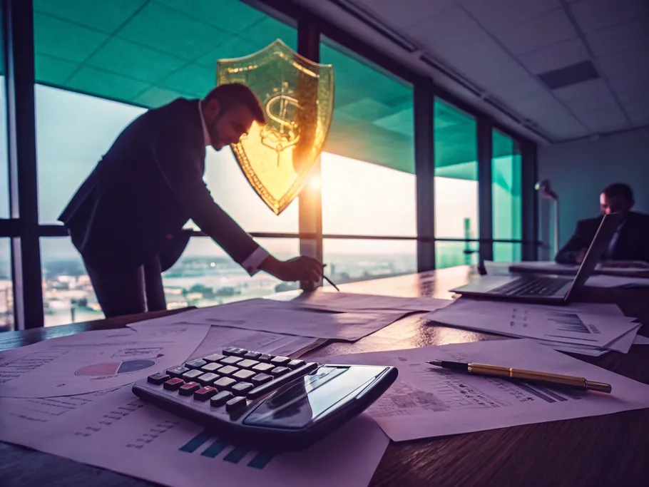 A modern startup office desk with financial documents, a calculator, and a glowing golden shield symbolizing prepaid insurance.