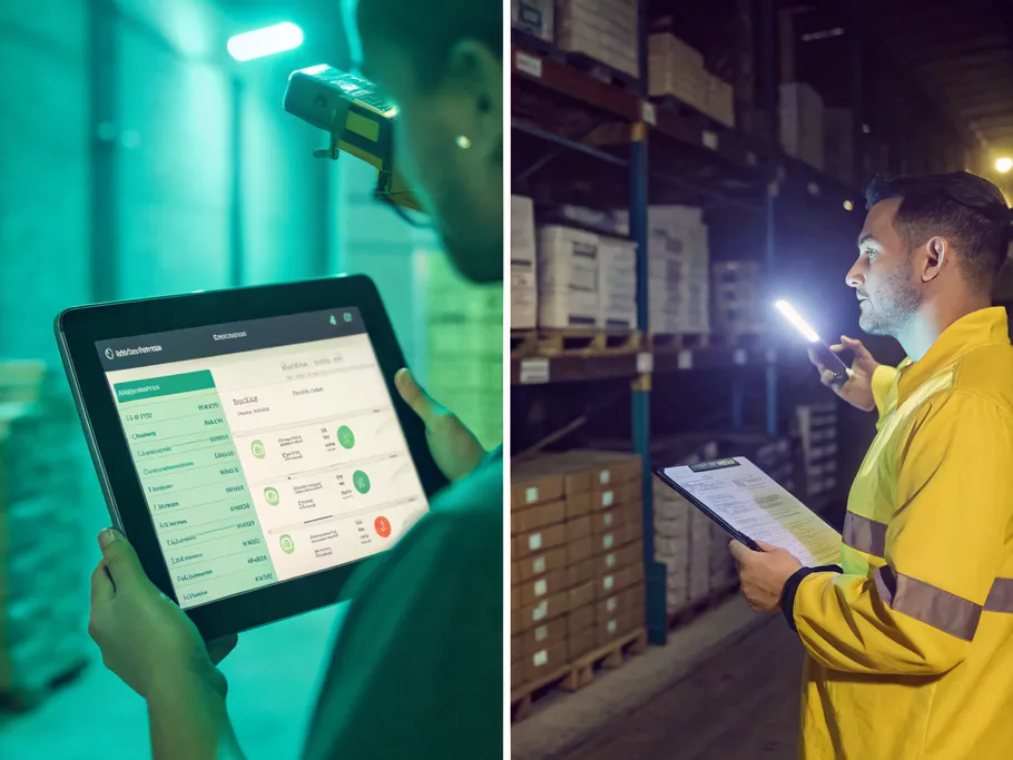 A split-screen image contrasting perpetual and periodic inventory systems, showcasing a modern tablet displaying real-time data on one side and a warehouse scene with a person counting inventory manually on the other.