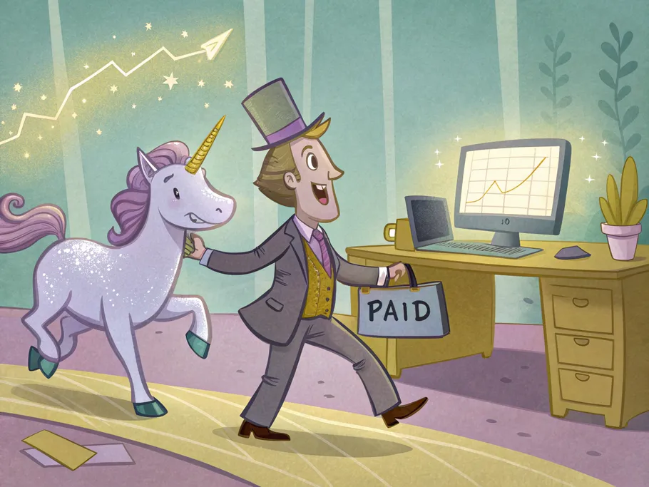 A surprised businessperson in a suit joyfully watches a sparkling unicorn with a top hat trot across a desk, carrying a 'Paid' invoice.