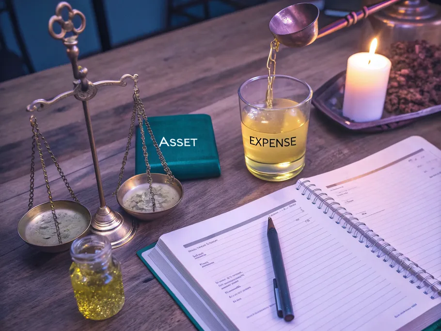 An elegant wooden desk with an open ledger, ornate vessel pouring golden liquid into containers labeled 'Asset' and 'Expense', with a brass scale beside it.