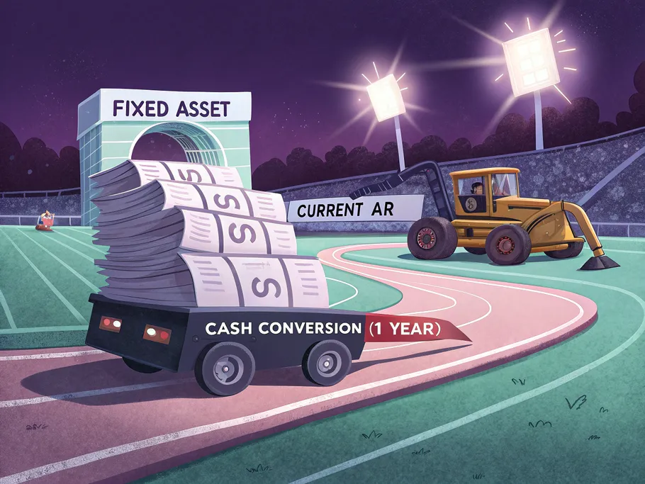 Illustration of a stack of invoices labeled 'Current AR' on wheels racing towards a finish line marked 'Cash Conversion (1 Year)', with a bulldozer in the background labeled 'Fixed Asset'.