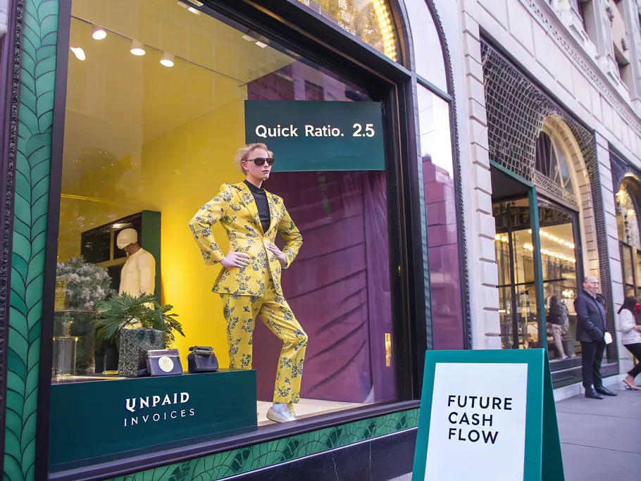 A surreal illustration of a storefront window displaying a mannequin in a suit made of dollar bills, showcasing a Quick Ratio of 2.5.
