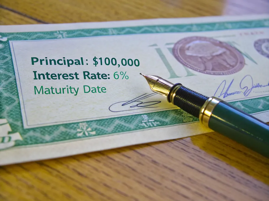 Close-up of a promissory note showing principal and interest rate with a vintage fountain pen.