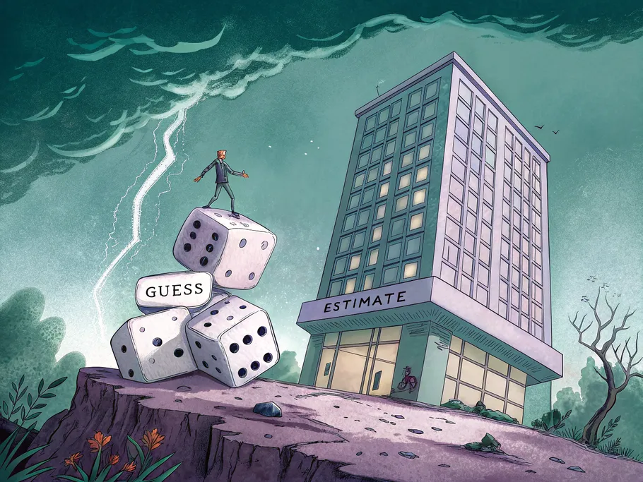 A whimsical illustration of a modern business building balanced on crumbling dice inscribed with 'Guess' and 'Estimate.'