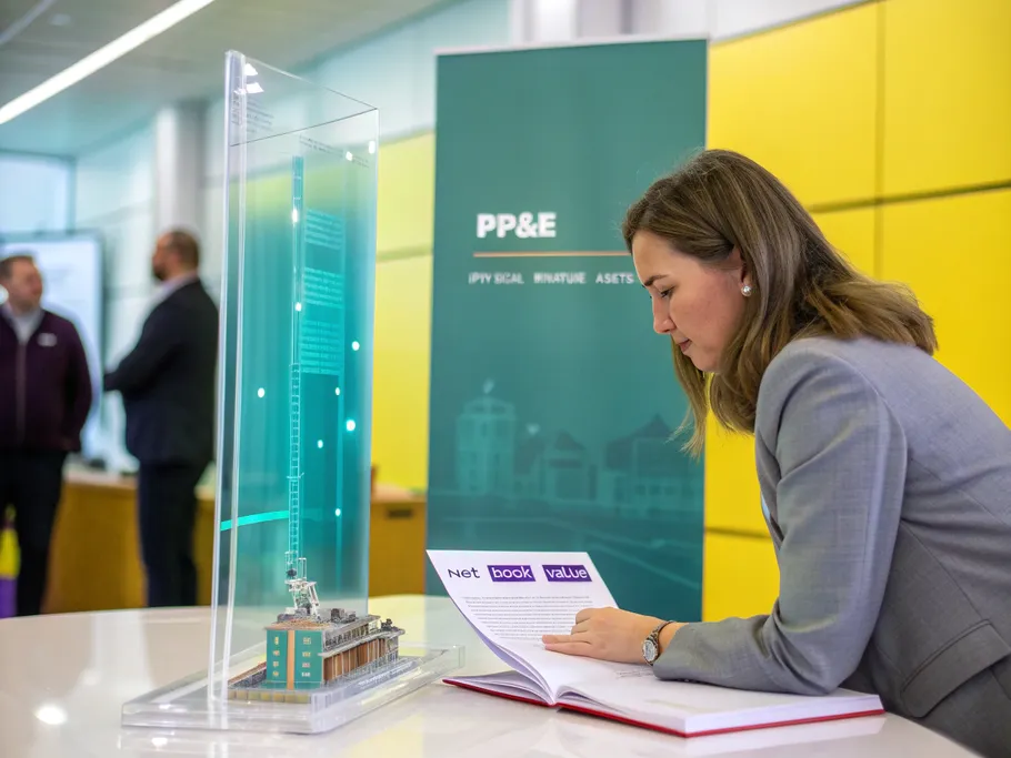 A transparent glass book displaying a 3D holographic balance sheet with miniature assets and financial data in a corporate boardroom.