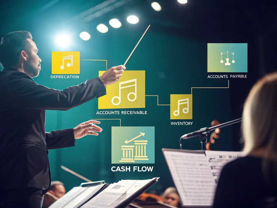 A conductor directing an orchestra, with financial documents and numerical adjustments in place of musicians.
