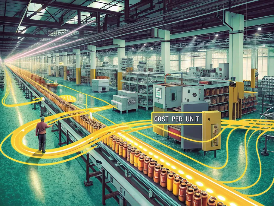 A detailed illustration of an automated assembly line in a factory, showcasing production stages with glowing cost streams.
