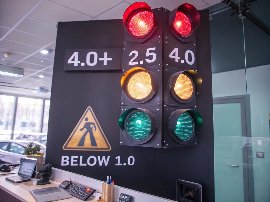 Industrial-style traffic lights displaying financial warning levels.