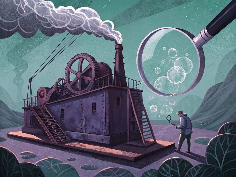 An abstract illustration of a robust metallic machine showing signs of internal decay under subtle forces.