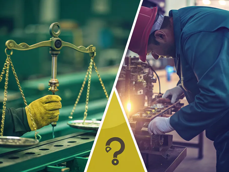 A split image illustrating machine hours and direct labor hours with a weighing scale icon for decision-making.